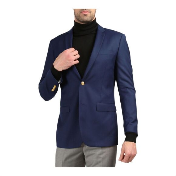 FERRECCI MEN'S NAVY SLIM FIT BLAZER WITH GOLD BUTTONS. WARWICK. - Picture 2 of 2